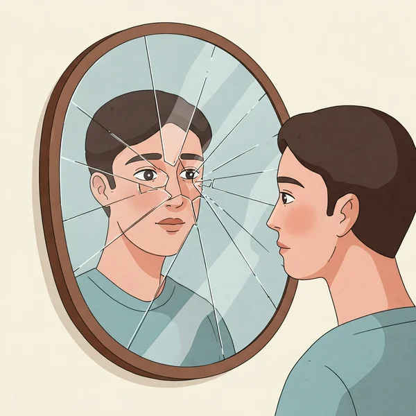 Person reflecting in fragmented mirror symbolizing narcissist traits