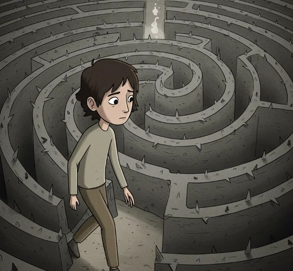 Illustration of a person navigating a difficult, thorny path