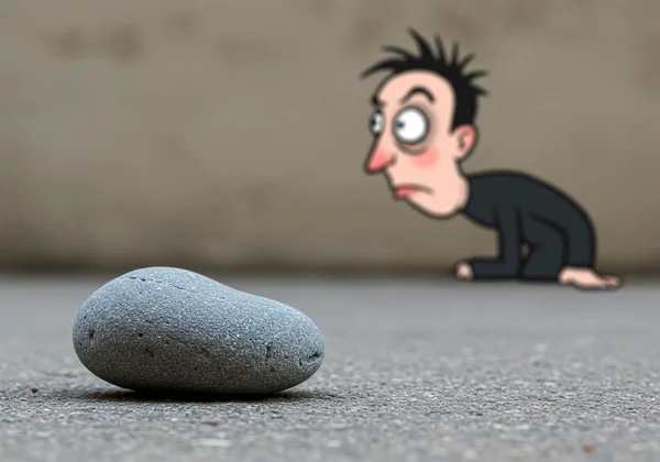 A dull gray rock on the ground, ignored by a frustrated person