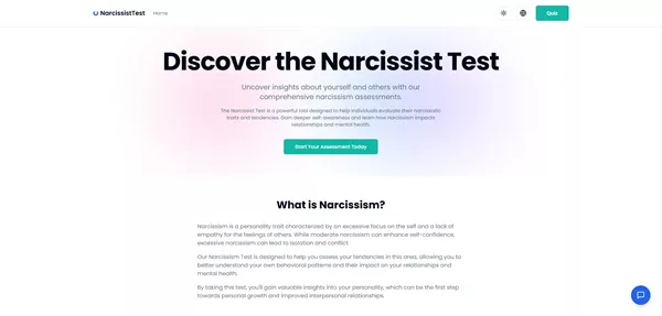 自戀測試網站螢幕截圖，展示線上測試介面。