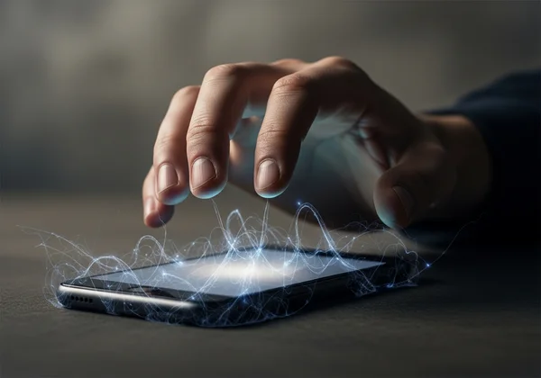 Hand reaching for buzzing phone, trapped in a web