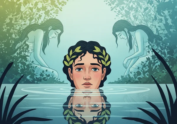 Narcissus admiring reflection, Echo fading into background