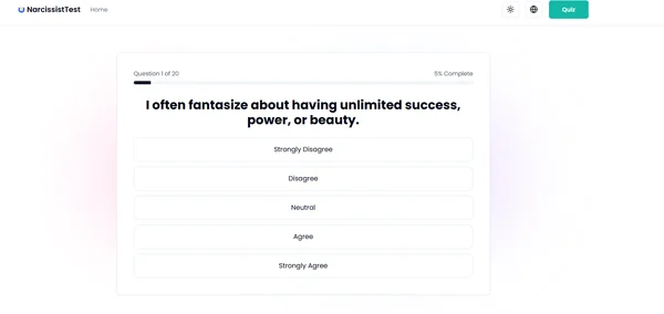 Экран компьютера, показывающий интерфейс NarcissistTest.org