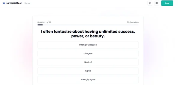 Скриншот теста NarcissistTest.org с отказом от ответственности о диагностике