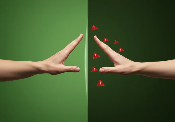 Hands forming a clear boundary with respect, red flags visible.