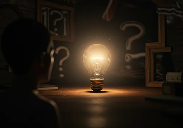 Lightbulb turning on in a dark, confusing room.