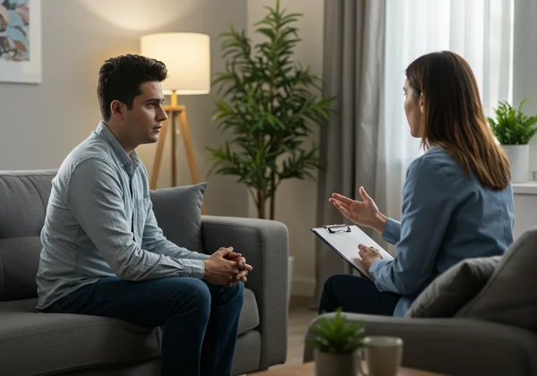A person receiving guidance from a therapist in a calm setting