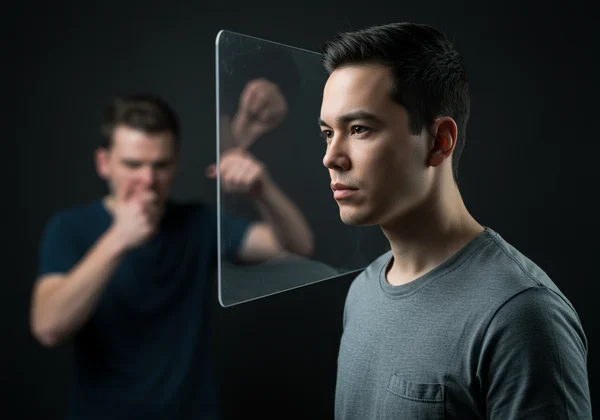 A person calmly setting a boundary with a firm, neutral expression