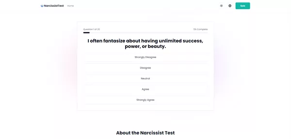 Screenshot of an online narcissism test in progress